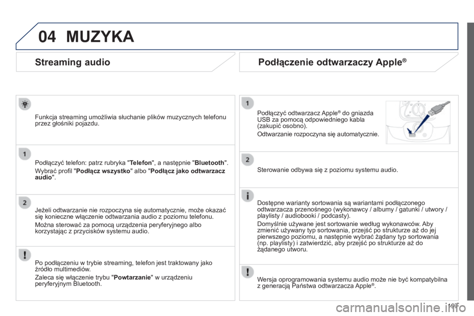 PEUGEOT 108 2014 Instrukcja obsługi (in Polish) 04
197
B3_pl_Chap12a_Autoradio-Toyota-tactile-1_ed01-2014
Streaming audio
Funkcja streaming umożliwia słuchanie plików muzycznych telefonu
przez głośniki pojazdu.
Podłączyć telefon: patrz rub PEUGEOT 108 2014 Instrukcja obsługi (in Polish) 04
197
B3_pl_Chap12a_Autoradio-Toyota-tactile-1_ed01-2014
Streaming audio
Funkcja streaming umożliwia słuchanie plików muzycznych telefonu
przez głośniki pojazdu.
Podłączyć telefon: patrz rub