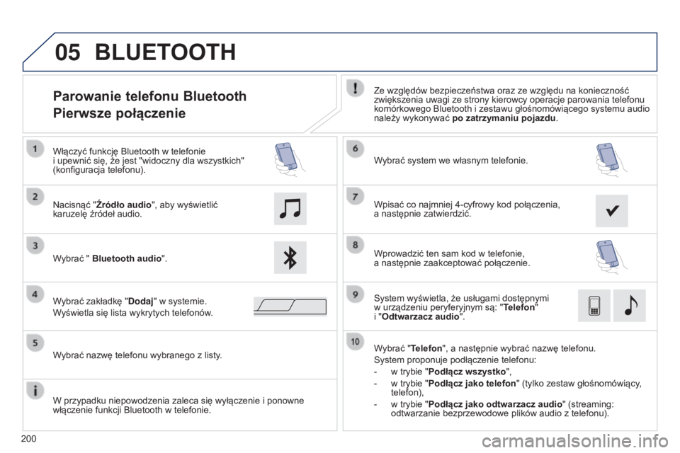 PEUGEOT 108 2014 Instrukcja obsługi (in Polish) 05
200
Parowanie telefonu Bluetooth
Pierwsze połączenieZe względów bezpieczeństwa oraz ze względu na konieczność
zwiększenia uwagi ze strony kierowcy operacje parowania telefonu
komórkowe PEUGEOT 108 2014 Instrukcja obsługi (in Polish) 05
200
Parowanie telefonu Bluetooth
Pierwsze połączenieZe względów bezpieczeństwa oraz ze względu na konieczność
zwiększenia uwagi ze strony kierowcy operacje parowania telefonu
komórkowe
