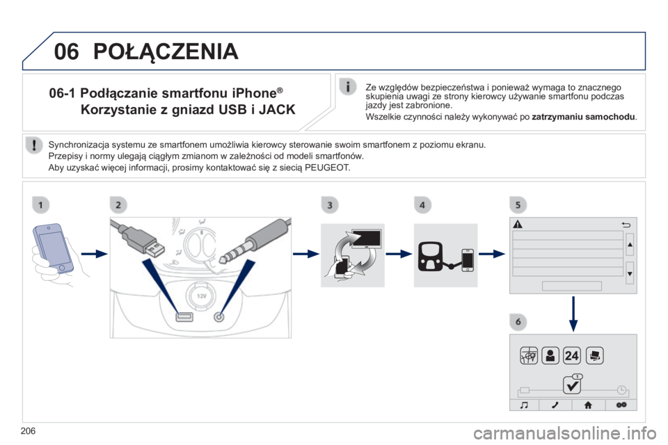 PEUGEOT 108 2014 Instrukcja obsługi (in Polish) 06
206
06-1 Podłączanie smartfonu iPhone®
Korzystanie z gniazd USB i JACK
POŁąCZENIA
Ze względów bezpieczeństwa i ponieważ wymaga to znacznego
skupienia uwagi ze strony kierowcy używanie s PEUGEOT 108 2014 Instrukcja obsługi (in Polish) 06
206
06-1 Podłączanie smartfonu iPhone®
Korzystanie z gniazd USB i JACK
POŁąCZENIA
Ze względów bezpieczeństwa i ponieważ wymaga to znacznego
skupienia uwagi ze strony kierowcy używanie s