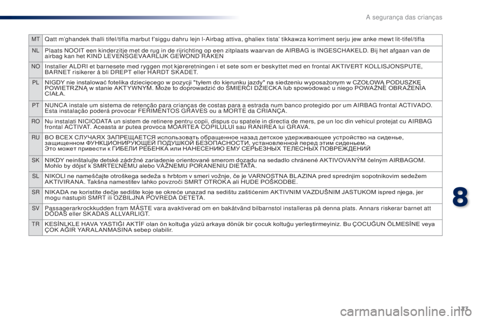 PEUGEOT 108 2014 Manual de utilização (in Portuguese) 123
MTQatt m’ghandek thalli tifel/tifla marbut f’siggu dahru lejn l-Airbag attiva, ghaliex tista’ tikkawza korriment serju jew anke mewt lit-tifel/tifla
NLPlaats NOOIT een kinderzitje met de rug PEUGEOT 108 2014 Manual de utilização (in Portuguese) 123
MTQatt m’ghandek thalli tifel/tifla marbut f’siggu dahru lejn l-Airbag attiva, ghaliex tista’ tikkawza korriment serju jew anke mewt lit-tifel/tifla
NLPlaats NOOIT een kinderzitje met de rug