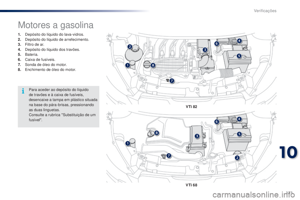 PEUGEOT 108 2014 Manual de utilização (in Portuguese) 171
B3_PT_Chap10_verifications_ed01-2014
1. Depósito do líquido do lava-vidros.
2. Depósito do líquido de arrefecimento.
3.
F
iltro de ar.
4.
D
epósito do líquido dos travões.
5.
Bateria PEUGEOT 108 2014 Manual de utilização (in Portuguese) 171
B3_PT_Chap10_verifications_ed01-2014
1. Depósito do líquido do lava-vidros.
2. Depósito do líquido de arrefecimento.
3.
F
iltro de ar.
4.
D
epósito do líquido dos travões.
5.
Bateria