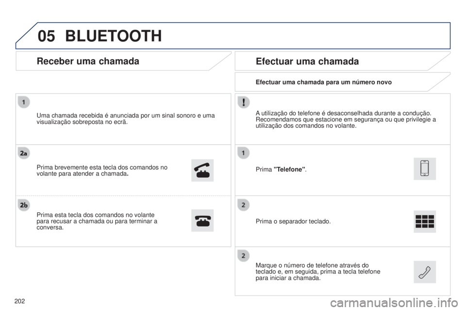 PEUGEOT 108 2014 Manual de utilização (in Portuguese) 05
Efectuar uma chamada para um número novo
Efectuar uma chamada
A utilização do telefone é desaconselhada durante a conduçã\
o.
Recomendamos que estacione em segurança ou que privilegie a
ut PEUGEOT 108 2014 Manual de utilização (in Portuguese) 05
Efectuar uma chamada para um número novo
Efectuar uma chamada
A utilização do telefone é desaconselhada durante a conduçã\
o.
Recomendamos que estacione em segurança ou que privilegie a
ut
