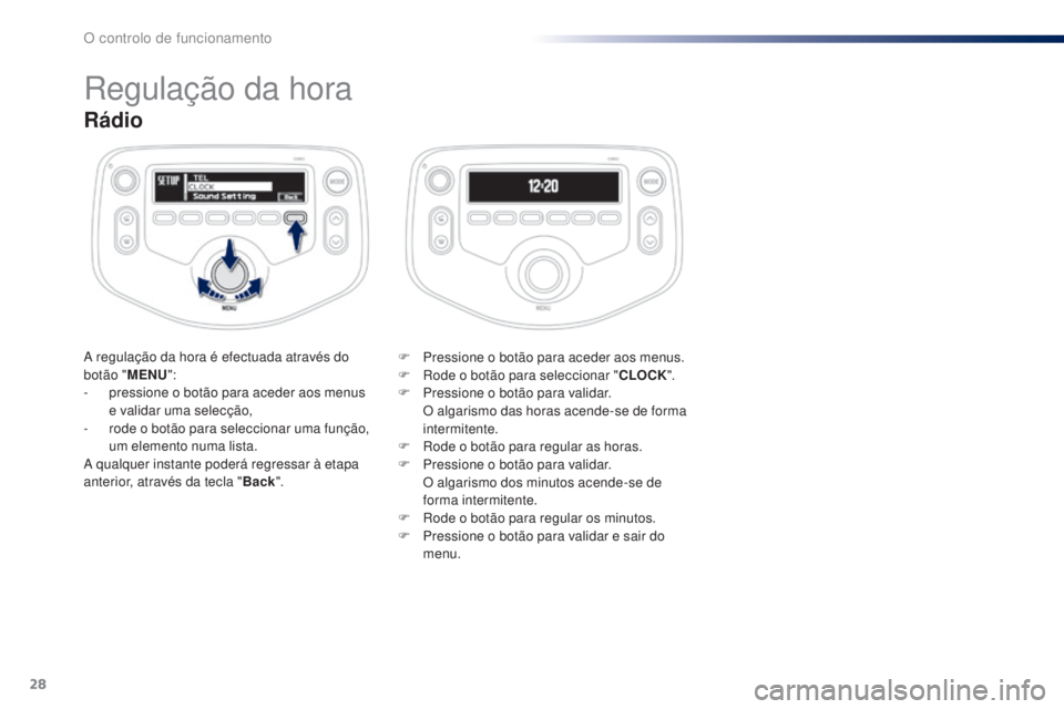 PEUGEOT 108 2014 Manual de utilização (in Portuguese) 28
Rádio
A regulação da hora é efectuada através do
botão "MENU":
-
p
ressione o botão para aceder aos menus
e validar uma selecção,
-
r
ode o botão para seleccionar uma funà PEUGEOT 108 2014 Manual de utilização (in Portuguese) 28
Rádio
A regulação da hora é efectuada através do
botão "MENU":
-
p
ressione o botão para aceder aos menus
e validar uma selecção,
-
r
ode o botão para seleccionar uma funÃ