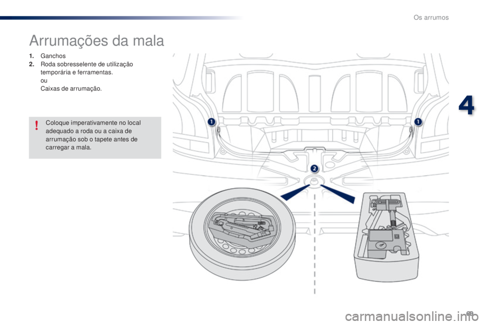 PEUGEOT 108 2014  Manual de utilização (in Portuguese) 69
B3_PT_Chap04_amenagements_ed01-2014
Arrumações da mala
1. Ganchos 
2. R oda sobresselente de utilização 
temporária e ferramentas.
 

ou
 C

aixas de arrumação.
Coloque imperativamente no lo