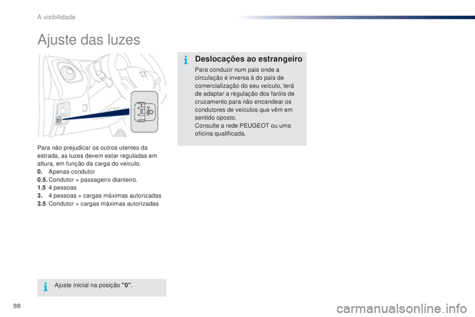 PEUGEOT 108 2014 Manual de utilização (in Portuguese) 98
B3_PT_Chap06_visibilite_ed01-2014
Ajuste das luzes
Para não prejudicar os outros utentes da
estrada, as luzes devem estar reguladas em
altura, em função da carga do veículo.
0.
A
penas co PEUGEOT 108 2014 Manual de utilização (in Portuguese) 98
B3_PT_Chap06_visibilite_ed01-2014
Ajuste das luzes
Para não prejudicar os outros utentes da
estrada, as luzes devem estar reguladas em
altura, em função da carga do veículo.
0.
A
penas co