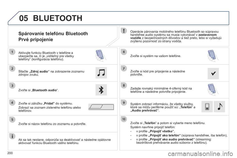 PEUGEOT 108 2014  Návod na použitie (in Slovakian) 05
200
Spárovanie telefónu Bluetooth 
Prvé pripojenieOperácie párovania mobilného telefónu Bluetooth so súpravou 
handsfree audio systému sa musia vykonávať v zastavenom 
vozidle z bezpečn
