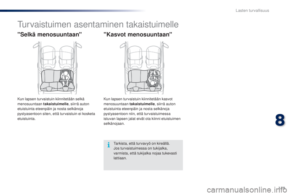 PEUGEOT 108 2014 Omistajan Käsikirja (in Finnish) 119
B3_fi_Chap08_securite-enfants_ed01-2014
Turvaistuimen asentaminen takaistuimelle
"Selkä menosuuntaan"
Kun lapsen turvaistuin kiinnitetään selkä
menosuuntaan takaistuimelle, siirrä au PEUGEOT 108 2014 Omistajan Käsikirja (in Finnish) 119
B3_fi_Chap08_securite-enfants_ed01-2014
Turvaistuimen asentaminen takaistuimelle
"Selkä menosuuntaan"
Kun lapsen turvaistuin kiinnitetään selkä
menosuuntaan takaistuimelle, siirrä au