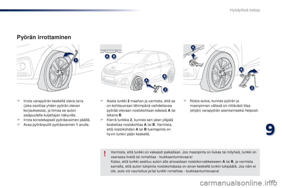PEUGEOT 108 2014 Omistajan Käsikirja (in Finnish) 143
B3_fi_Chap09_info-pratiques_ed01-2014
B3_fi_Chap09_info-pratiques_ed01-2014
Pyörän irrottaminen
F Irrota varapyörän keskellä oleva tarra ( joka osoittaa yhden pyörän olevan
korjauksessa), PEUGEOT 108 2014 Omistajan Käsikirja (in Finnish) 143
B3_fi_Chap09_info-pratiques_ed01-2014
B3_fi_Chap09_info-pratiques_ed01-2014
Pyörän irrottaminen
F Irrota varapyörän keskellä oleva tarra ( joka osoittaa yhden pyörän olevan
korjauksessa),