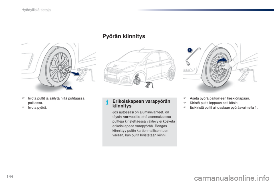 PEUGEOT 108 2014 Omistajan Käsikirja (in Finnish) 144
B3_fi_Chap09_info-pratiques_ed01-2014
B3_fi_Chap09_info-pratiques_ed01-2014
Erikoiskapean varapyörän
kiinnitys
Jos autossasi on alumiinivanteet, on
täysin normaalia, että asennuksessa
pultt PEUGEOT 108 2014 Omistajan Käsikirja (in Finnish) 144
B3_fi_Chap09_info-pratiques_ed01-2014
B3_fi_Chap09_info-pratiques_ed01-2014
Erikoiskapean varapyörän
kiinnitys
Jos autossasi on alumiinivanteet, on
täysin normaalia, että asennuksessa
pultt