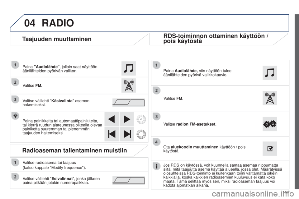 PEUGEOT 108 2014  Omistajan Käsikirja (in Finnish) 04
191
B3_fi_Chap12a_Autoradio-Toyota-tactile-1_ed01-2014
Taajuuden muuttaminen
RADIO
Valitse FM. Paina "Audiolähde", jolloin saat näyttöön 
äänilähteiden pyörivän valikon.
Valitse v�