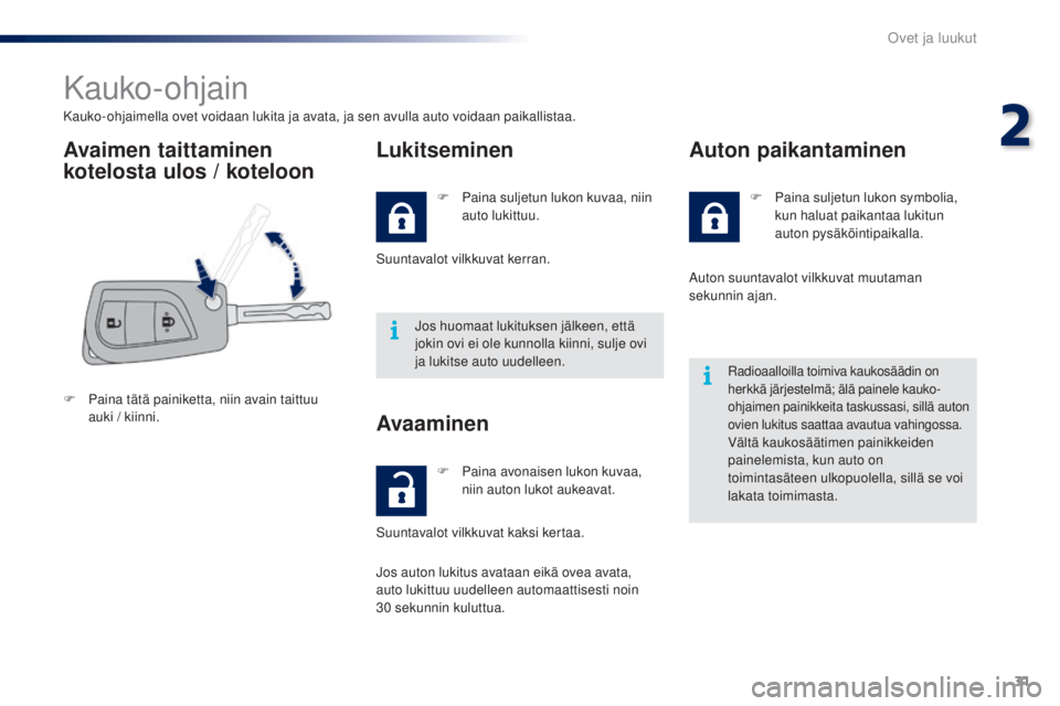PEUGEOT 108 2014  Omistajan Käsikirja (in Finnish) 31
B3_fi_Chap02_ouvertures_ed01-2014
Kauko-ohjain
Kauko-ohjaimella ovet voidaan lukita ja avata, ja sen avulla auto voidaan paikallistaa.
Avaimen taittaminen 
kotelosta ulos / koteloonLukitseminen
F P