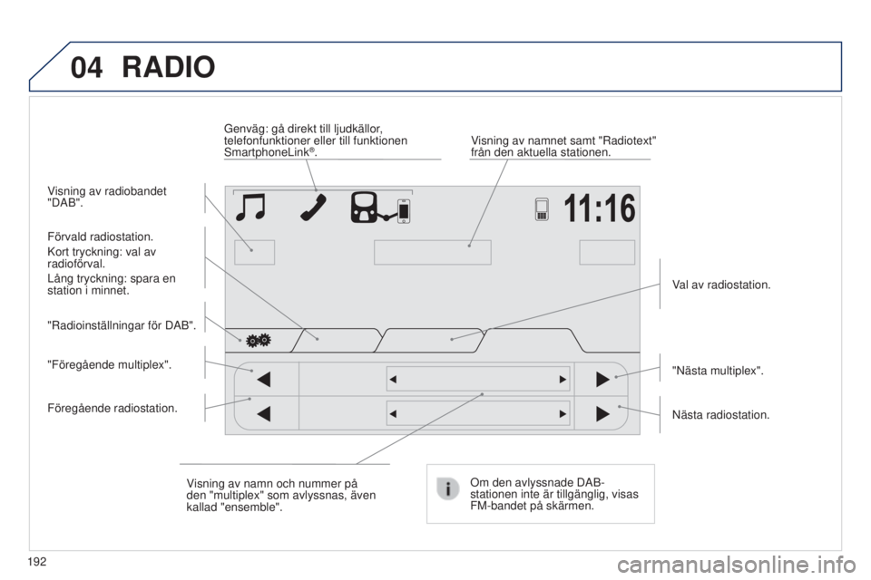 PEUGEOT 108 2014  Bruksanvisningar (in Swedish) 04
192
RADIO
Visning av radiobandet 
"DAB".Visning av namnet samt "Radiotext" 
från den aktuella stationen.
Genväg: gå direkt till ljudkällor, 
telefonfunktioner eller till funktio