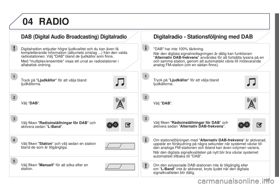 PEUGEOT 108 2014  Bruksanvisningar (in Swedish) 04
193
RADIO
Om stationsföljningen med "Alternativ DAB-frekvens" är aktiverad, 
uppstår en förskjutning på några sekunder när systemet vä\
xlar till 
den analoga FM-stationen och iblan