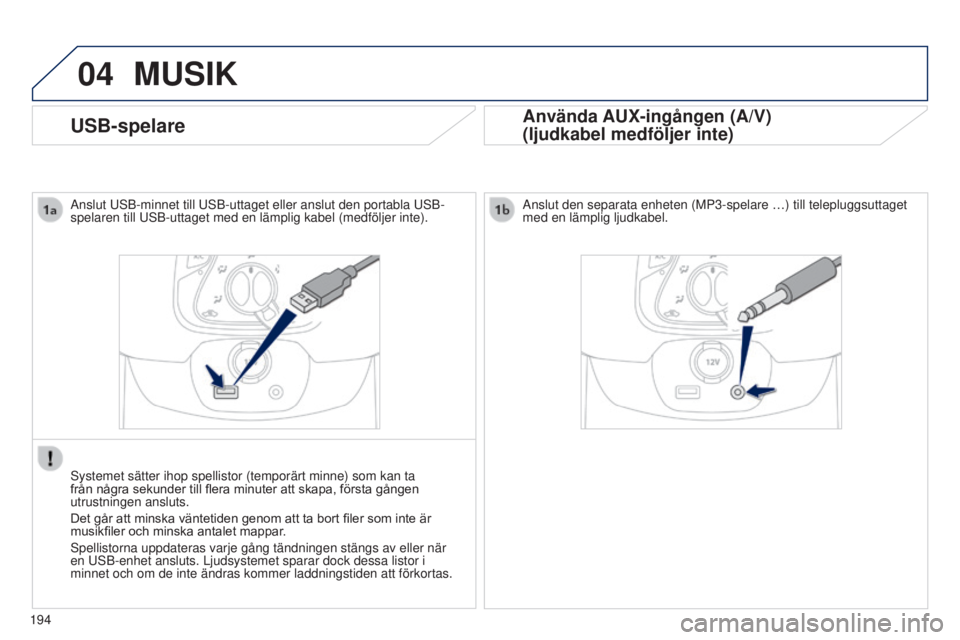 PEUGEOT 108 2014  Bruksanvisningar (in Swedish) 04
194
USB-spelare
MUSIK
Använda AUX-ingången (A/V) 
(ljudkabel medföljer inte)
Anslut USB-minnet till USB-uttaget eller anslut den portabla USB-
spelaren till USB-uttaget med en lämplig kabel (me