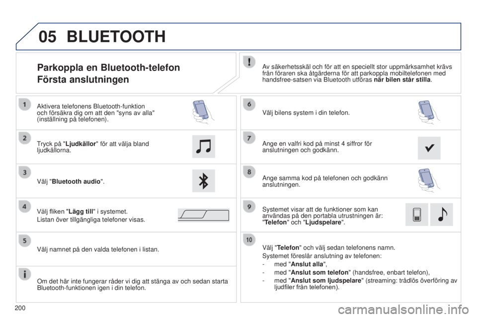PEUGEOT 108 2014 Bruksanvisningar (in Swedish) 05
200
Parkoppla en Bluetooth-telefon
Första anslutningenAv säkerhetsskäl och för att en speciellt stor uppmärksamhet \
krävs
från föraren ska åtgärderna för att parkoppla mobiltelefo\
ne PEUGEOT 108 2014 Bruksanvisningar (in Swedish) 05
200
Parkoppla en Bluetooth-telefon
Första anslutningenAv säkerhetsskäl och för att en speciellt stor uppmärksamhet \
krävs
från föraren ska åtgärderna för att parkoppla mobiltelefo\
ne