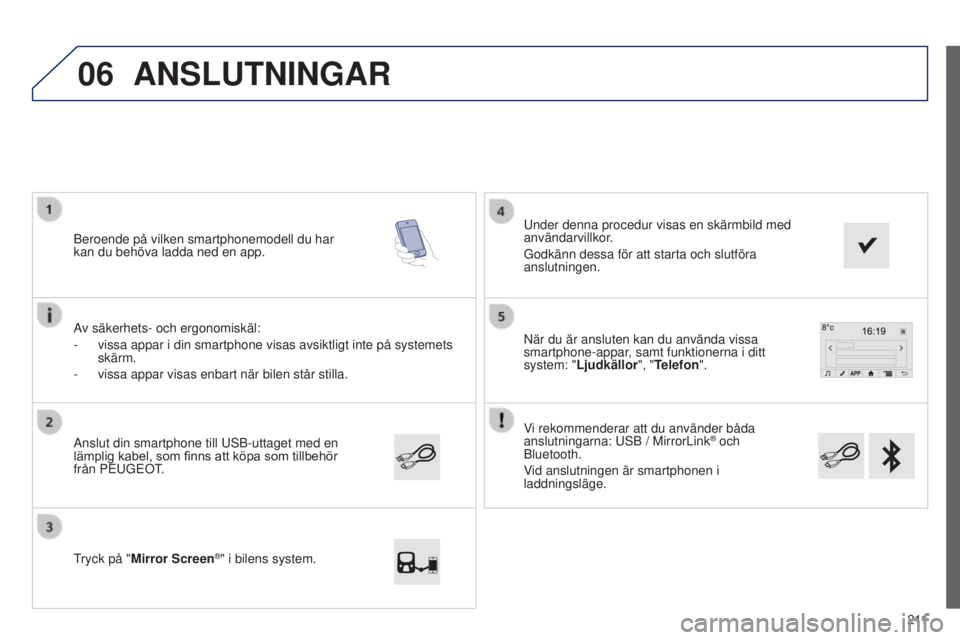 PEUGEOT 108 2014  Bruksanvisningar (in Swedish) 06
2 11
Vi rekommenderar att du använder båda 
anslutningarna: USB / MirrorLink
® och 
Bluetooth.
Vid anslutningen är smartphonen i 
laddningsläge. När du är ansluten kan du använda vissa 
sma