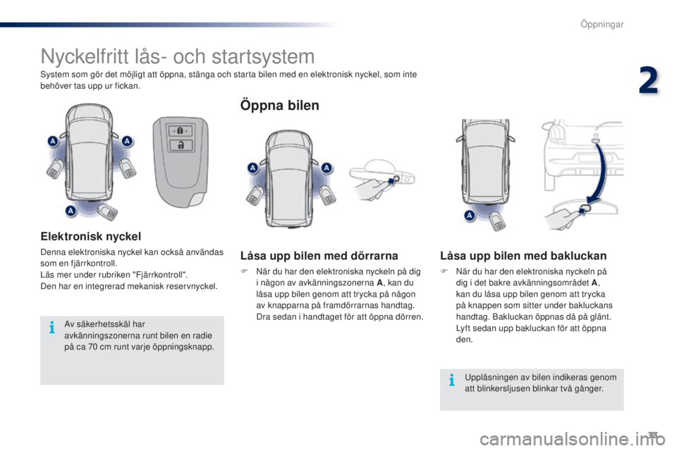 PEUGEOT 108 2014 Bruksanvisningar (in Swedish) 33
Nyckelfritt lås- och startsystem
System som gör det möjligt att öppna, stänga och starta bilen med en elektronisk nyckel, som inte
behöver tas upp ur fickan.
Elektronisk nyckel
Denna elektro PEUGEOT 108 2014 Bruksanvisningar (in Swedish) 33
Nyckelfritt lås- och startsystem
System som gör det möjligt att öppna, stänga och starta bilen med en elektronisk nyckel, som inte
behöver tas upp ur fickan.
Elektronisk nyckel
Denna elektro