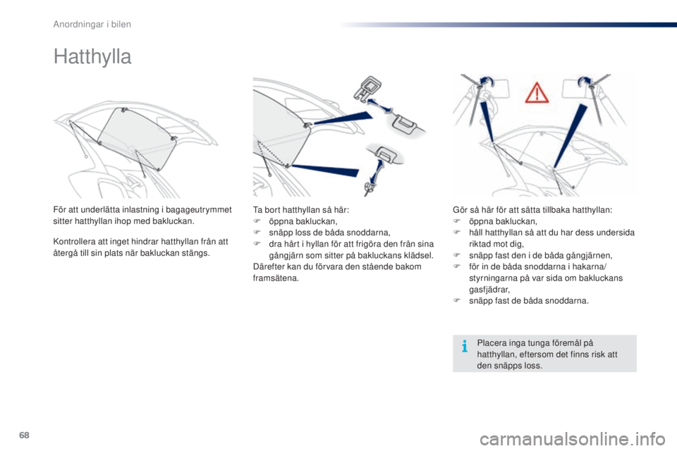 PEUGEOT 108 2014 Bruksanvisningar (in Swedish) 68
Hatthylla
För att underlätta inlastning i bagageutrymmet
sitter hatthyllan ihop med bakluckan.
Kontrollera att inget hindrar hatthyllan från att
återgå till sin plats när bakluckan stängs. PEUGEOT 108 2014 Bruksanvisningar (in Swedish) 68
Hatthylla
För att underlätta inlastning i bagageutrymmet
sitter hatthyllan ihop med bakluckan.
Kontrollera att inget hindrar hatthyllan från att
återgå till sin plats när bakluckan stängs.