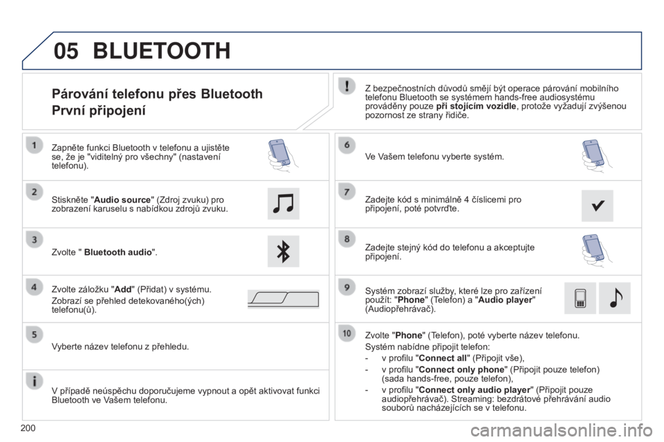 PEUGEOT 108 2014 Návod na použití (in Czech) 05
200
Párování telefonu přes Bluetooth
První připojeníZ bezpečnostních důvodů smějí být operace párování mobilního
telefonu Bluetooth se systémem hands-free audiosystému
prová PEUGEOT 108 2014 Návod na použití (in Czech) 05
200
Párování telefonu přes Bluetooth
První připojeníZ bezpečnostních důvodů smějí být operace párování mobilního
telefonu Bluetooth se systémem hands-free audiosystému
prová