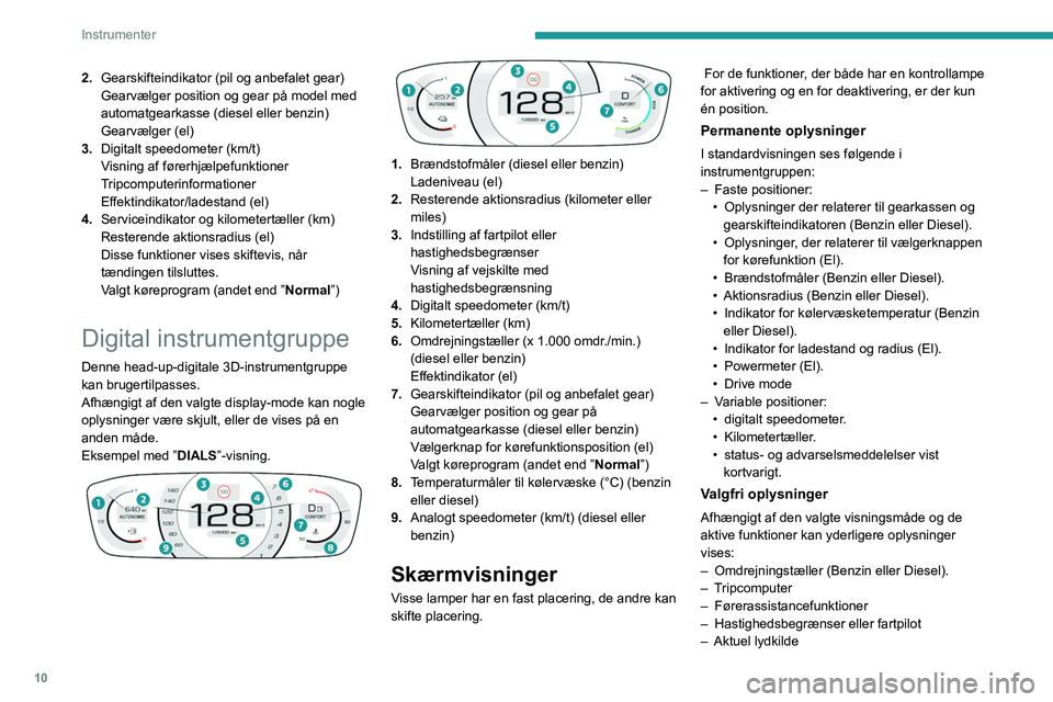 PEUGEOT 2008 2021 Brugsanvisning (in Danish) 10
Instrumenter
2.Gearskifteindikator (pil og anbefalet gear)
Gearvælger position og gear på model med
automatgearkasse (diesel eller benzin)
Gearvælger (el)
3. Digitalt speedometer (km/t)
Visning PEUGEOT 2008 2021 Brugsanvisning (in Danish) 10
Instrumenter
2.Gearskifteindikator (pil og anbefalet gear)
Gearvælger position og gear på model med
automatgearkasse (diesel eller benzin)
Gearvælger (el)
3. Digitalt speedometer (km/t)
Visning
