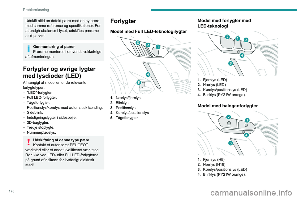 PEUGEOT 2008 2021 Brugsanvisning (in Danish) 170
Problemløsning
Udskift altid en defekt pære med en ny pære
med samme reference og specifikationer. For
at undgå ubalance i lyset, udskiftes pærerne
altid parvist.
Genmontering af pærer
PÃ PEUGEOT 2008 2021 Brugsanvisning (in Danish) 170
Problemløsning
Udskift altid en defekt pære med en ny pære
med samme reference og specifikationer. For
at undgå ubalance i lyset, udskiftes pærerne
altid parvist.
Genmontering af pærer
PÃ