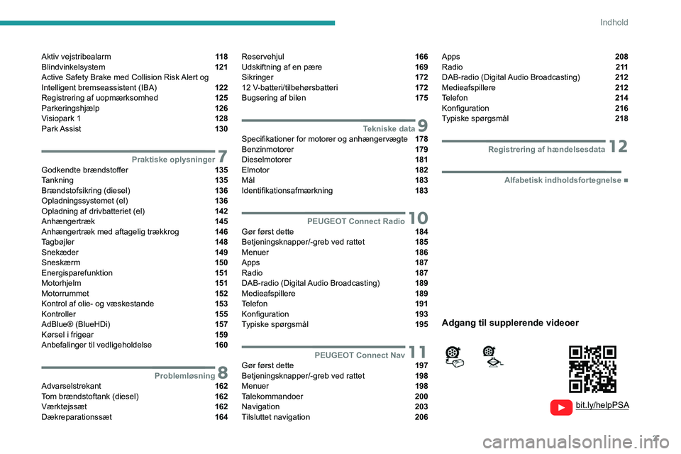 PEUGEOT 2008 2021  Brugsanvisning (in Danish) 3
Indhold
  
  
 
 
 
 
Aktiv vejstribealarm  11 8
Blindvinkelsystem  121
Active Safety Brake med Collision Risk Alert og 
Intelligent bremseassistent (IBA) 
 122
Registrering af uopmærksomhed  125
P