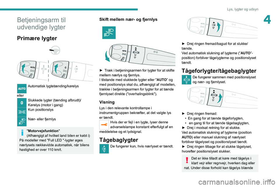 PEUGEOT 2008 2021  Brugsanvisning (in Danish) 55
Lys, lygter og udsyn
4Betjeningsarm til 
udvendige lygter
Primære lygter 
 
 
 
Automatisk lygtetænding/kørelys 
eller
Slukkede lygter (tænding afbrudt)/
Kørelys (motor i gang)
Kun positionsly