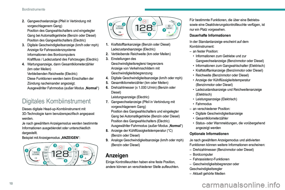 PEUGEOT 2008 2021  Betriebsanleitungen (in German) 10
Bordinstrumente
2.Gangwechselanzeige (Pfeil in Verbindung mit 
vorgeschlagenem Gang)
Position des Gangwahlschalters und eingelegter 
Gang bei Automatikgetriebe (Benzin oder Diesel)
Position des Gan