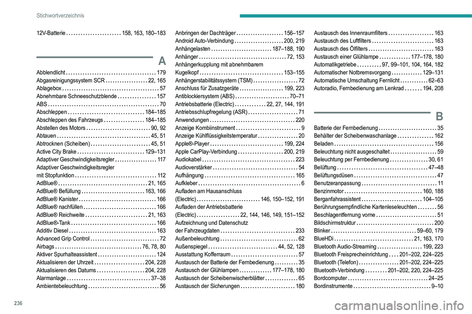 PEUGEOT 2008 2021 Betriebsanleitungen (in German) 236
Stichwortverzeichnis
12V-Batterie 158, 163, 180–183
A
Abblendlicht 179
Abgasreinigungssystem SCR
22, 165
Ablagebox
57
Abnehmbare Schneeschutzblende
157
ABS
70
Abschlepp PEUGEOT 2008 2021 Betriebsanleitungen (in German) 236
Stichwortverzeichnis
12V-Batterie 158, 163, 180–183
A
Abblendlicht 179
Abgasreinigungssystem SCR
22, 165
Ablagebox
57
Abnehmbare Schneeschutzblende
157
ABS
70
Abschlepp