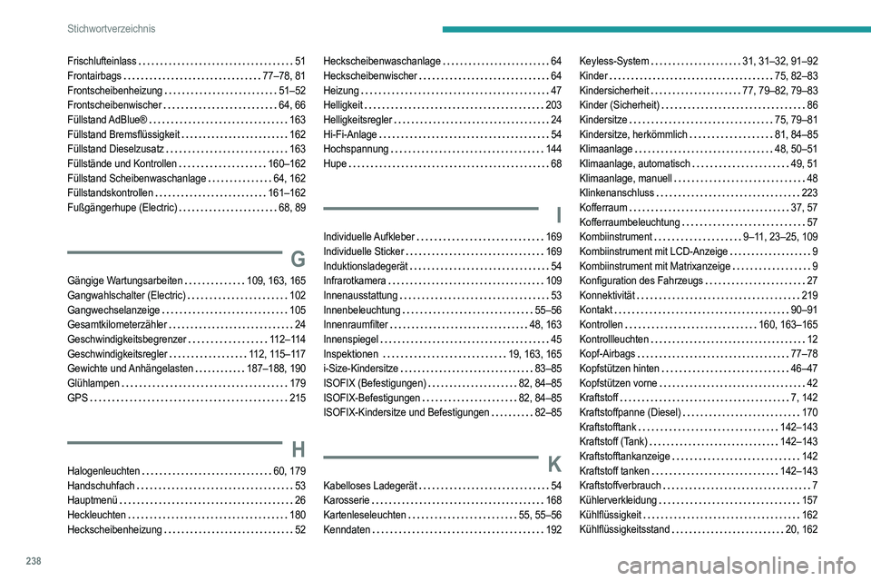 PEUGEOT 2008 2021 Betriebsanleitungen (in German) 238
Stichwortverzeichnis
Frischlufteinlass 51
Frontairbags
77–78, 81
Frontscheibenheizung
51–52
Frontscheibenwischer
64, 66
Füllstand AdBlue®
163
Füllstand Bremsflüssig PEUGEOT 2008 2021 Betriebsanleitungen (in German) 238
Stichwortverzeichnis
Frischlufteinlass 51
Frontairbags
77–78, 81
Frontscheibenheizung
51–52
Frontscheibenwischer
64, 66
Füllstand AdBlue®
163
Füllstand Bremsflüssig