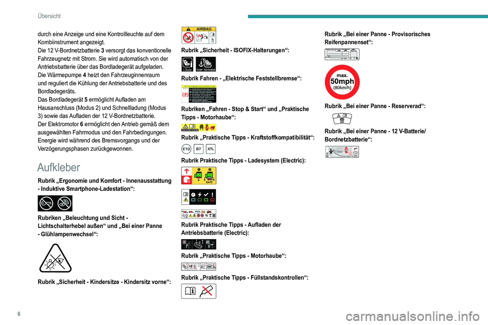 PEUGEOT 2008 2021 Betriebsanleitungen (in German) 6
Übersicht
durch eine Anzeige und eine Kontrollleuchte auf dem
Kombiinstrument angezeigt.
Die 12 V-Bordnetzbatterie 3 versorgt das konventionelle
Fahrzeugnetz mit Strom. Sie wird automatisch von d PEUGEOT 2008 2021 Betriebsanleitungen (in German) 6
Übersicht
durch eine Anzeige und eine Kontrollleuchte auf dem
Kombiinstrument angezeigt.
Die 12 V-Bordnetzbatterie 3 versorgt das konventionelle
Fahrzeugnetz mit Strom. Sie wird automatisch von d