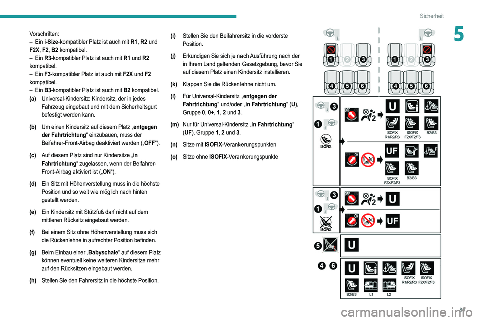 PEUGEOT 2008 2021 Betriebsanleitungen (in German) 85
Sicherheit
5Vorschriften:
– Ein i-Size-kompatibler Platz ist auch mit R1, R2 und
F2X, F2, B2 kompatibel.
–
Ein R3-kompatibler Platz ist auch mit R1 und R2
kompatibel.
–
Ein F3-ko PEUGEOT 2008 2021 Betriebsanleitungen (in German) 85
Sicherheit
5Vorschriften:
– Ein i-Size-kompatibler Platz ist auch mit R1, R2 und
F2X, F2, B2 kompatibel.
–
Ein R3-kompatibler Platz ist auch mit R1 und R2
kompatibel.
–
Ein F3-ko