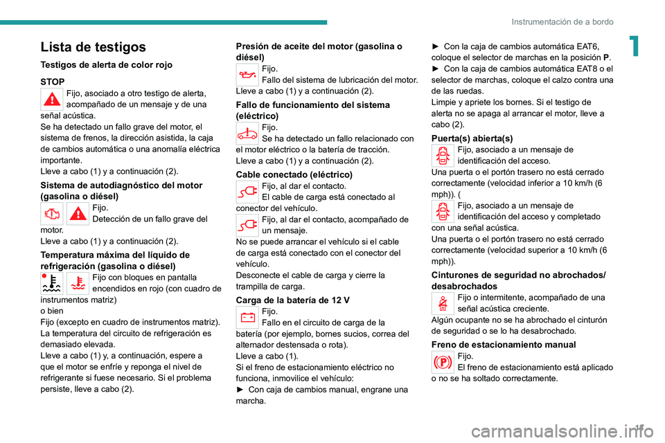 PEUGEOT 2008 2021 Manual del propietario (in Spanish) 13
Instrumentación de a bordo
1Lista de testigos
Testigos de alerta de color rojo
STOP
Fijo, asociado a otro testigo de alerta,
acompañado de un mensaje y de una
señal acústica.
Se ha detectado PEUGEOT 2008 2021 Manual del propietario (in Spanish) 13
Instrumentación de a bordo
1Lista de testigos
Testigos de alerta de color rojo
STOP
Fijo, asociado a otro testigo de alerta,
acompañado de un mensaje y de una
señal acústica.
Se ha detectado