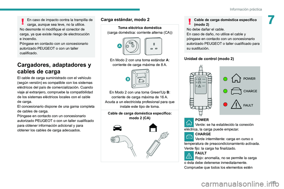 PEUGEOT 2008 2021  Manual del propietario (in Spanish) 153
Información práctica
7En caso de impacto contra la trampilla de 
carga, aunque sea leve, no la utilice.
No desmonte ni modifique el conector de 
carga, ya que existe riesgo de electrocución 
e 