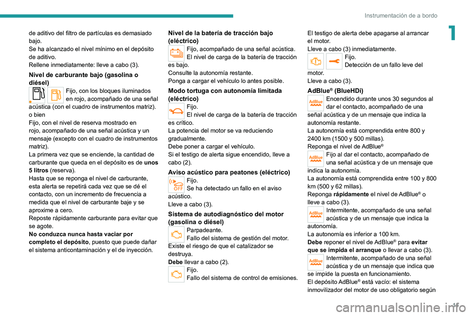 PEUGEOT 2008 2021 Manual del propietario (in Spanish) 15
Instrumentación de a bordo
1de aditivo del filtro de partículas es demasiado
bajo.
Se ha alcanzado el nivel mínimo en el depósito
de aditivo.
Rellene inmediatamente: lleve a cabo (3).
Nivel d PEUGEOT 2008 2021 Manual del propietario (in Spanish) 15
Instrumentación de a bordo
1de aditivo del filtro de partículas es demasiado
bajo.
Se ha alcanzado el nivel mínimo en el depósito
de aditivo.
Rellene inmediatamente: lleve a cabo (3).
Nivel d