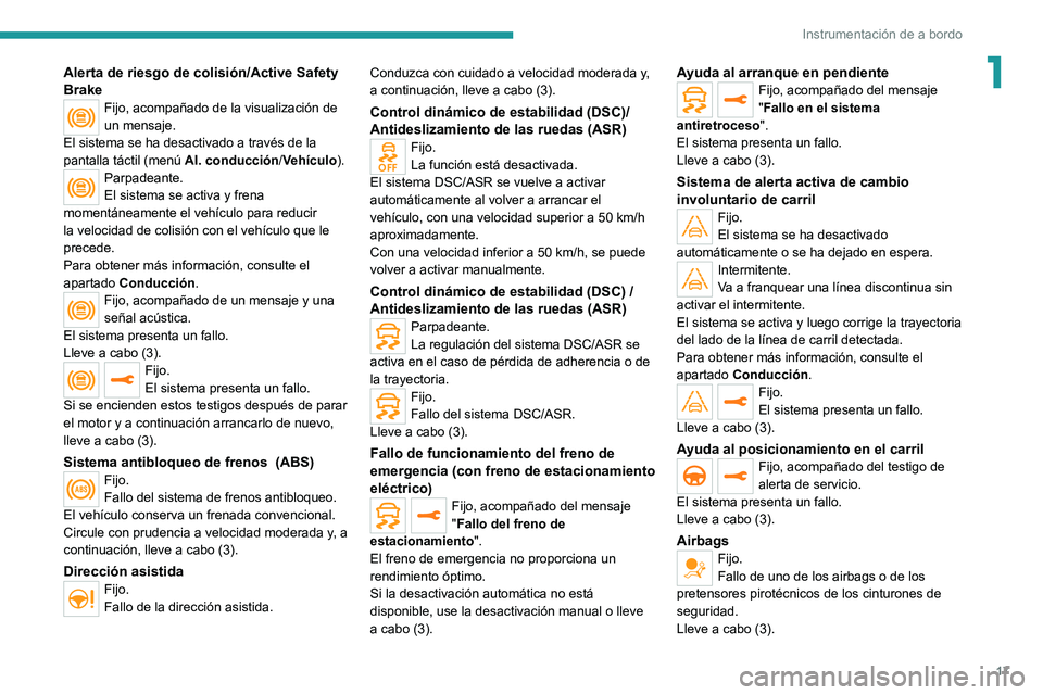 PEUGEOT 2008 2021 Manual del propietario (in Spanish) 17
Instrumentación de a bordo
1Alerta de riesgo de colisión/Active Safety
Brake
Fijo, acompañado de la visualización de
un mensaje.
El sistema se ha desactivado a través de la
pantalla táctil PEUGEOT 2008 2021 Manual del propietario (in Spanish) 17
Instrumentación de a bordo
1Alerta de riesgo de colisión/Active Safety
Brake
Fijo, acompañado de la visualización de
un mensaje.
El sistema se ha desactivado a través de la
pantalla táctil