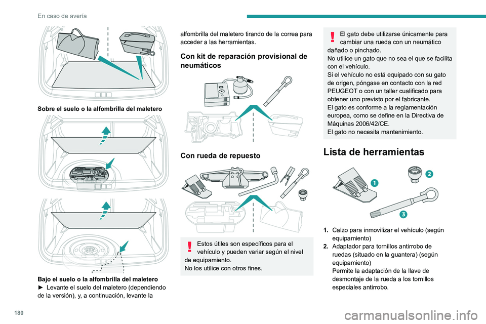 PEUGEOT 2008 2021  Manual del propietario (in Spanish) 180
En caso de avería
 
Sobre el suelo o la alfombrilla del maletero 
 
 
 
Bajo el suelo o la alfombrilla del maletero
►  Levante el suelo del maletero (dependiendo 
de la versión), y
, a continu