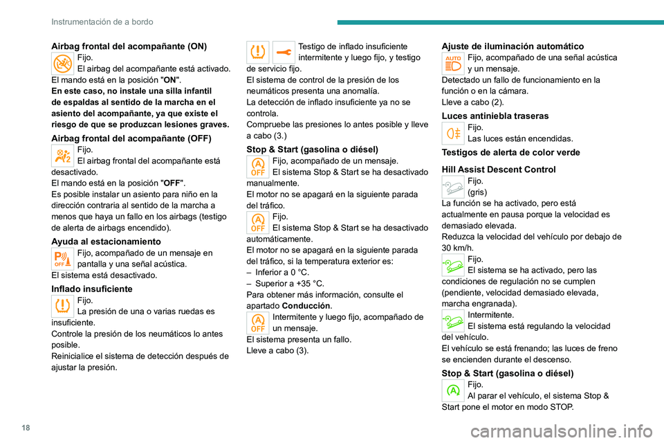 PEUGEOT 2008 2021 Manual del propietario (in Spanish) 18
Instrumentación de a bordo
Airbag frontal del acompañante (ON)Fijo.
El airbag del acompañante está activado.
El mando está en la posición " ON".
En este caso, no instale una silla inf PEUGEOT 2008 2021 Manual del propietario (in Spanish) 18
Instrumentación de a bordo
Airbag frontal del acompañante (ON)Fijo.
El airbag del acompañante está activado.
El mando está en la posición " ON".
En este caso, no instale una silla inf
