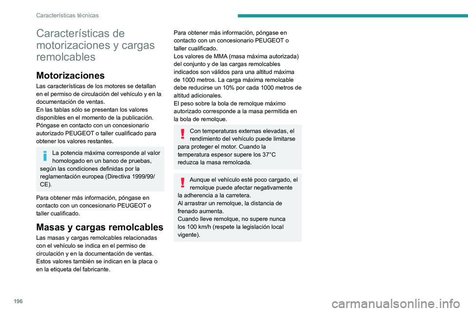 PEUGEOT 2008 2021  Manual del propietario (in Spanish) 196
Características técnicas
Características de 
motorizaciones y cargas 
remolcables
Motorizaciones
Las características de los motores se detallan 
en el permiso de circulación del vehículo y e