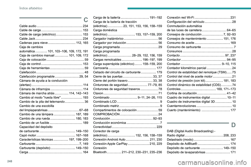 PEUGEOT 2008 2021  Manual del propietario (in Spanish) 248
Índice alfabético
C
Cable audio     234
Cable de carga     
153
Cable de carga (eléctrico)
    
153
Cable Jack
    
234
Cadenas para nieve
    
112, 165
Caja de cambios  
automática
   
101, 1