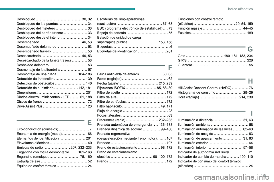 PEUGEOT 2008 2021  Manual del propietario (in Spanish) 249
Índice alfabético
Desbloqueo     30, 32
Desbloqueo de las puertas     
34
Desbloqueo del maletero
    
33
Desbloqueo del portón trasero
    
33
Desbloqueo desde el interior
    
34
Desempañado