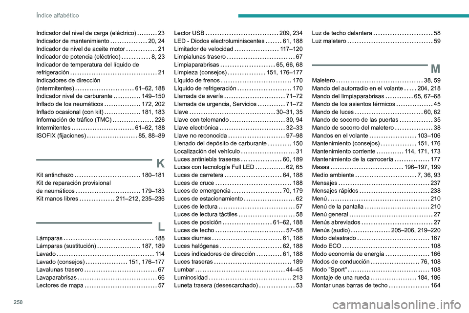 PEUGEOT 2008 2021  Manual del propietario (in Spanish) 250
Índice alfabético
Indicador del nivel de carga (eléctrico)     23
Indicador de mantenimiento     
20, 24
Indicador de nivel de aceite motor
    
21
Indicador de potencia (eléctrico)
    
8, 23