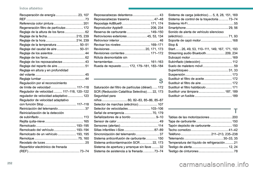 PEUGEOT 2008 2021  Manual del propietario (in Spanish) 252
Índice alfabético
Recuperación de energía     23, 107
REF     
73
Referencia color pintura
    
201
Regeneración filtro de partículas
    
172
Reglaje de la altura de los faros
    
62
Regla