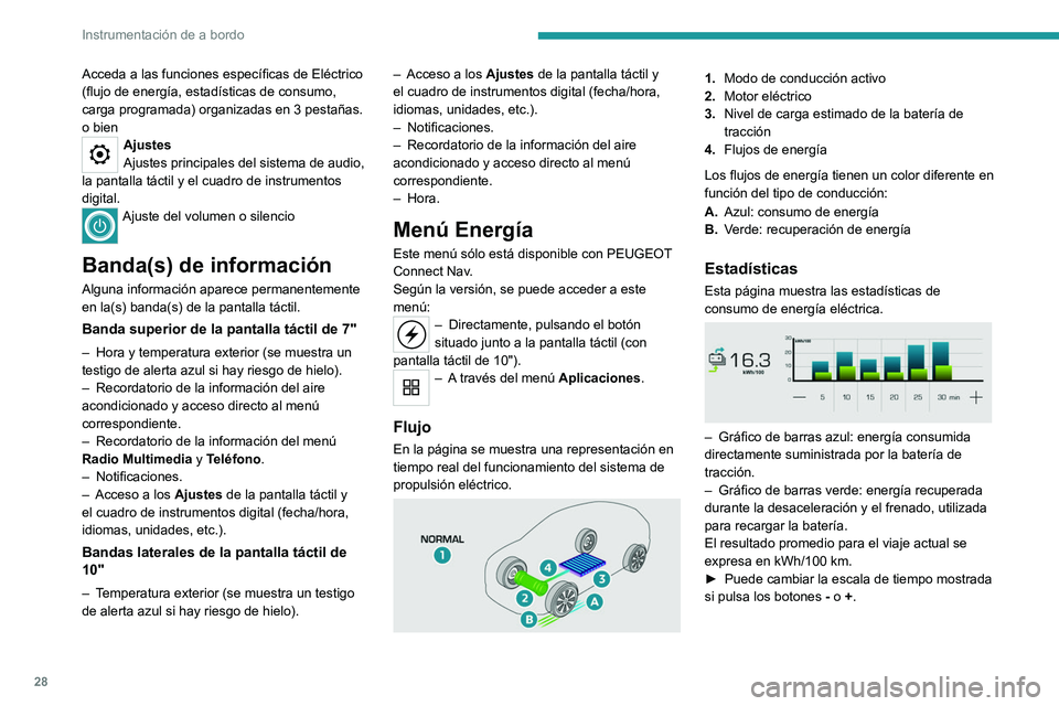 PEUGEOT 2008 2021 Manual del propietario (in Spanish) 28
Instrumentación de a bordo
Acceda a las funciones específicas de Eléctrico
(flujo de energía, estadísticas de consumo,
carga programada) organizadas en 3 pestañas.
o bien
Ajustes
Ajustes pr PEUGEOT 2008 2021 Manual del propietario (in Spanish) 28
Instrumentación de a bordo
Acceda a las funciones específicas de Eléctrico
(flujo de energía, estadísticas de consumo,
carga programada) organizadas en 3 pestañas.
o bien
Ajustes
Ajustes pr