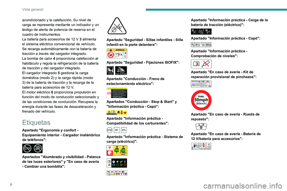 PEUGEOT 2008 2021  Manual del propietario (in Spanish) 6
Vista general
acondicionado y la calefacción. Su nivel de 
carga se representa mediante un indicador y un 
testigo de alerta de potencia de reserva en el 
cuadro de instrumentos.
La batería para a