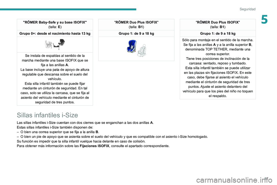 PEUGEOT 2008 2021  Manual del propietario (in Spanish) 87
Seguridad
5"RÖMER Baby-Safe y su base ISOFIX"(talla: E)
Grupo 0+: desde el nacimiento hasta 13 kg
 
 
Se instala de espaldas al sentido de la 
marcha mediante una base ISOFIX que se  fija 