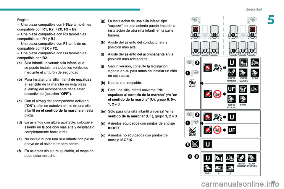 PEUGEOT 2008 2021  Manual del propietario (in Spanish) 89
Seguridad
5Reglas:
– Una plaza compatible con  i-Size
 también es 
compatible con  R1, R2, F2X, F2 y B2.
–
 
Una plaza compatible con  R3

 también es 
compatible con  R1 y R2.
–
 
Una plaz
