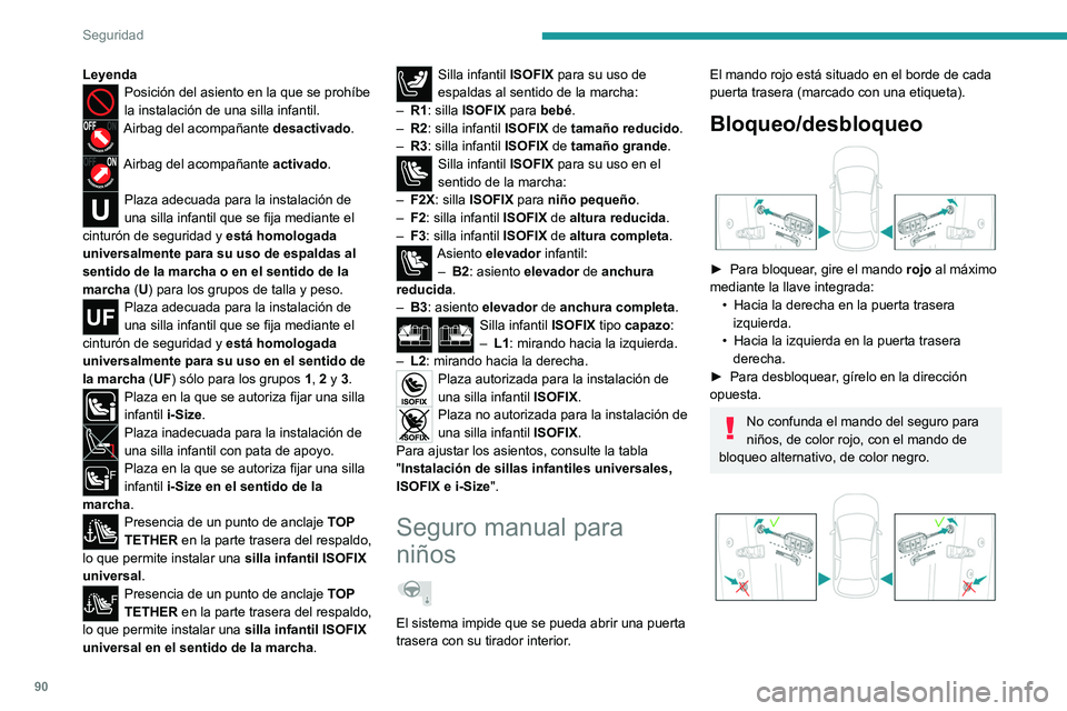 PEUGEOT 2008 2021  Manual del propietario (in Spanish) 90
Seguridad
LeyendaPosición del asiento en la que se prohíbe 
la instalación de una silla infantil.
Airbag del acompañante desactivado.
Airbag del acompañante activado.
Plaza adecuada para la in