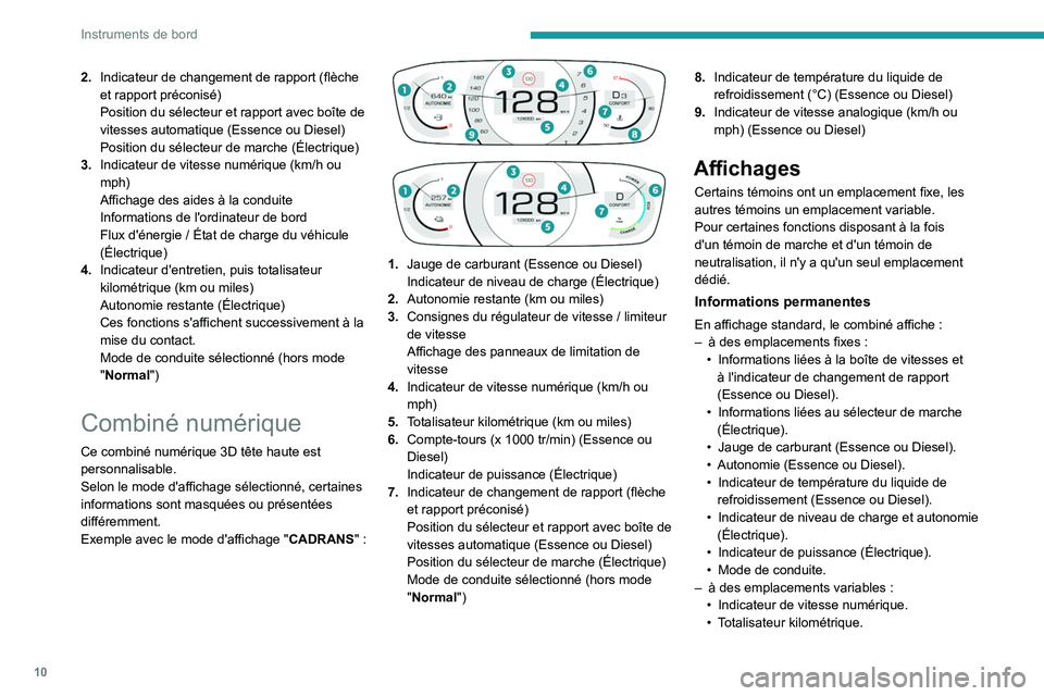 PEUGEOT 2008 2021  Manuel du propriétaire (in French) 10
Instruments de bord
2.Indicateur de changement de rapport (flèche 
et rapport préconisé)
Position du sélecteur et rapport avec boîte de 
vitesses automatique (Essence ou Diesel)
Position du s