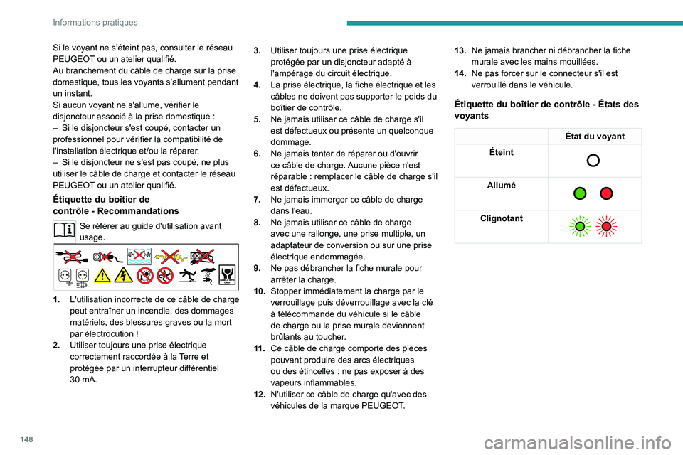 PEUGEOT 2008 2021  Manuel du propriétaire (in French) 148
Informations pratiques
Si le voyant ne s’éteint pas, consulter le réseau 
PEUGEOT ou un atelier qualifié.
Au branchement du câble de charge sur la prise 
domestique, tous les voyants s’all